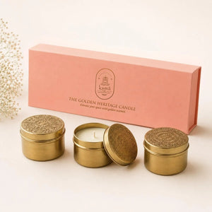 Golden Heritage Candle Set of 3 (Enamour Oudh Scented) Premium Scented Candles in Reusable Brass Containers, Luxury Home Décor, Anniversary & Housewarming Gift, Elegant Table Centrepiece