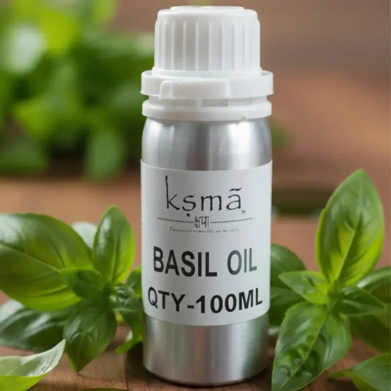 Close-up of basil oil in a clear glass bottle, highlighting its light green color and smooth texture