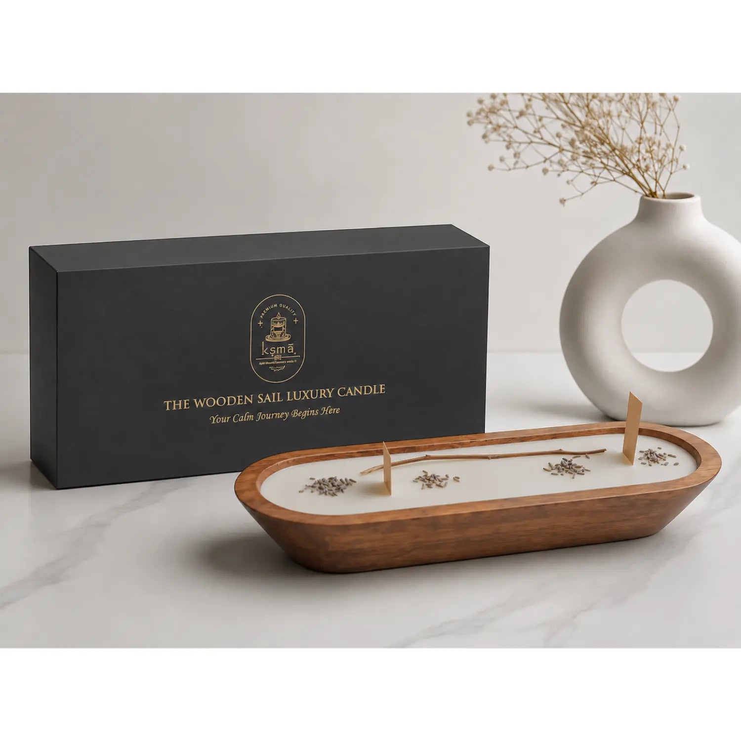 Wooden Boat Candle with Dried Citrus, Lavender Buds, Grass, | Premium Handmade (Lavender Vanilla Scented) for Candle Home Décor, Relaxation & Gifting