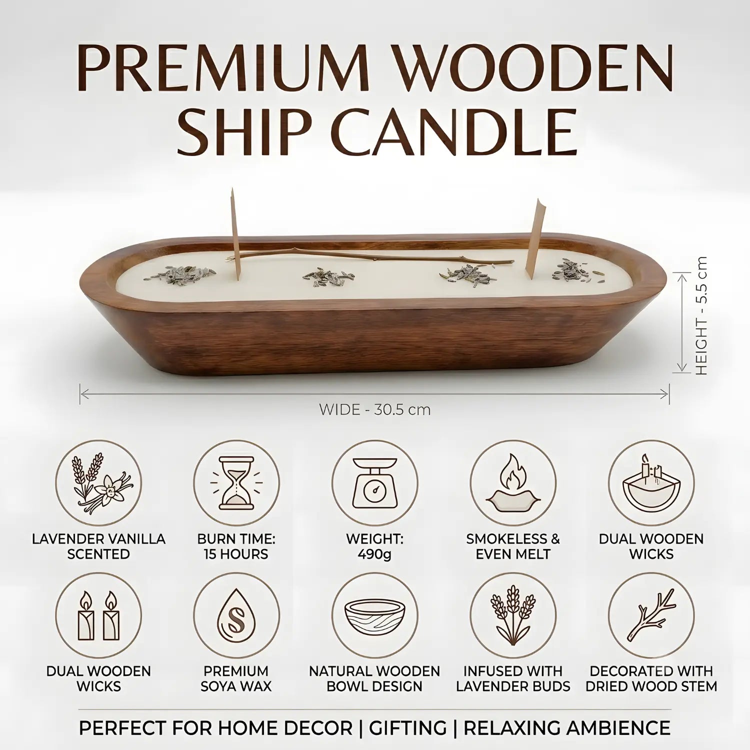 Wooden Boat Candle with Dried Citrus, Lavender Buds, Grass, | Premium Handmade (Lavender Vanilla Scented) for Candle Home Décor, Relaxation & Gifting