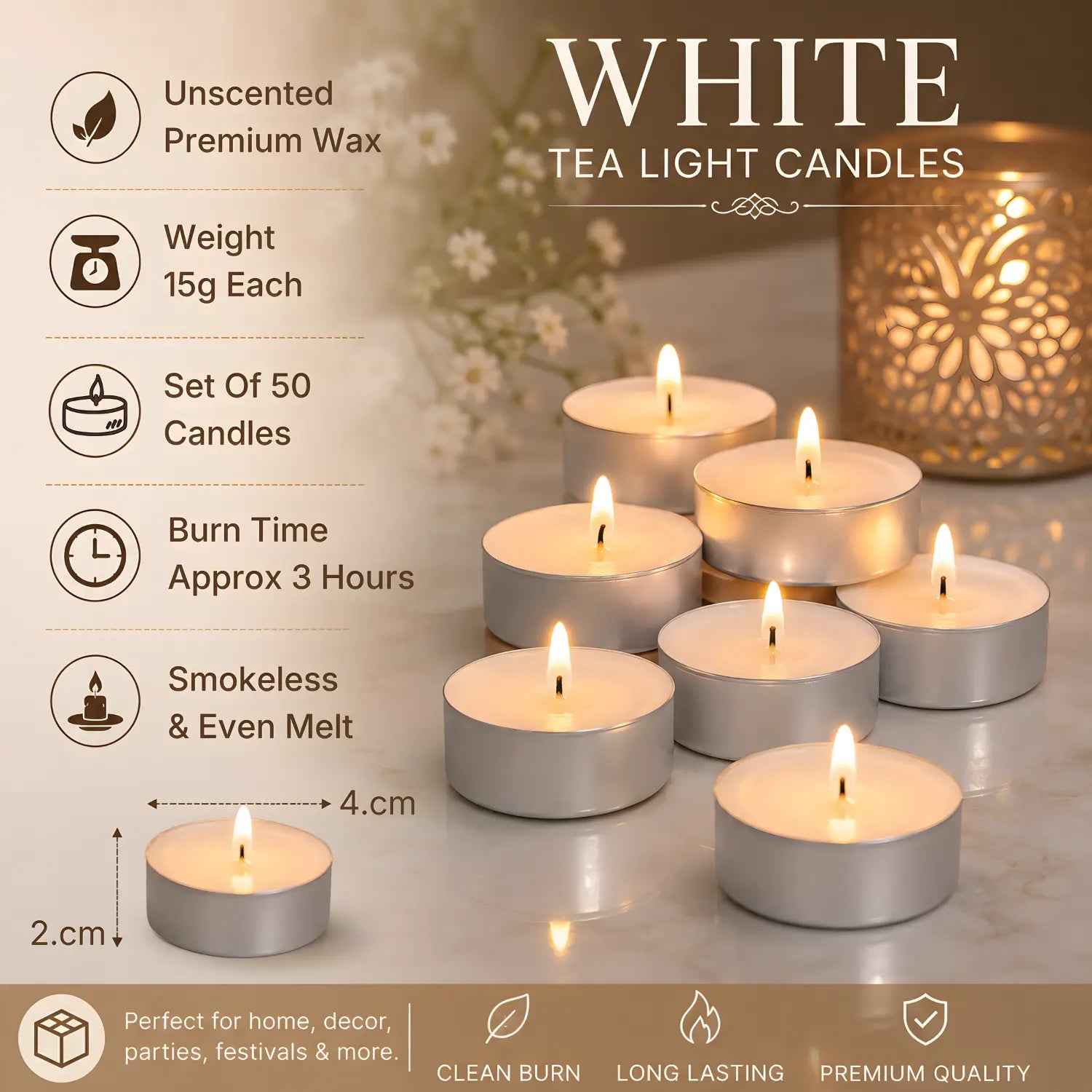 Ksma tealight Candles Set Of 50 Unscented White Long-Burning, Smokeless, Wax Candles | Festive Lighting | Candles for Diwali Decoration | Home Decor, Prayers, Rituals| Tea Light Candle
