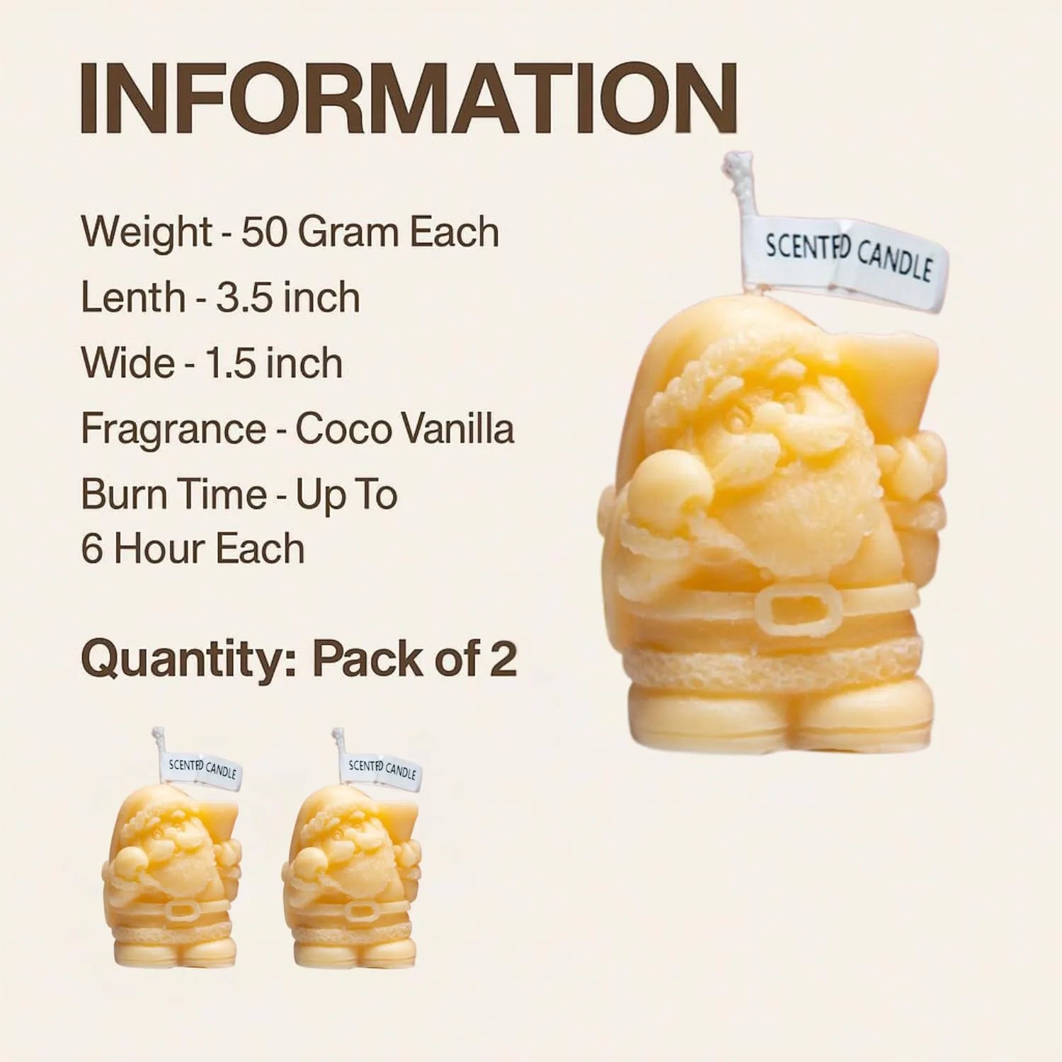 Set of 2 Small Santa Claus Decorative Candle (Coco Vanilla Scented) for Christmas | Festive Scented Wax Candle for Home Décor, Gifts & Xmas Decoration | Santa Candle