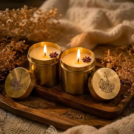 Luxury Antique Brass Candle Set of 2 (Savera Oudh Scented) Decorative Metal Candles, Premium Home Décor Accent for Living Room, Bedroom, Wedding, Housewarming & Festive Gifting Candles