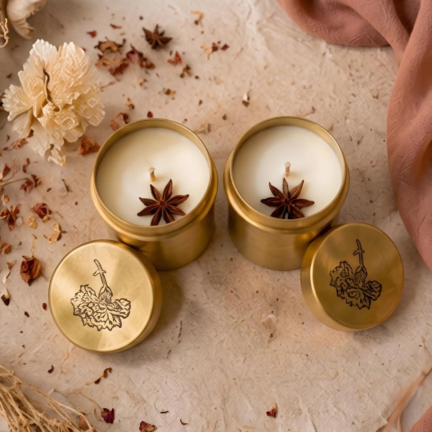 Luxury Antique Brass Candle Set of 2 (Savera Oudh Scented) Decorative Metal Candles, Premium Home Décor Accent for Living Room, Bedroom, Wedding, Housewarming & Festive Gifting Candles