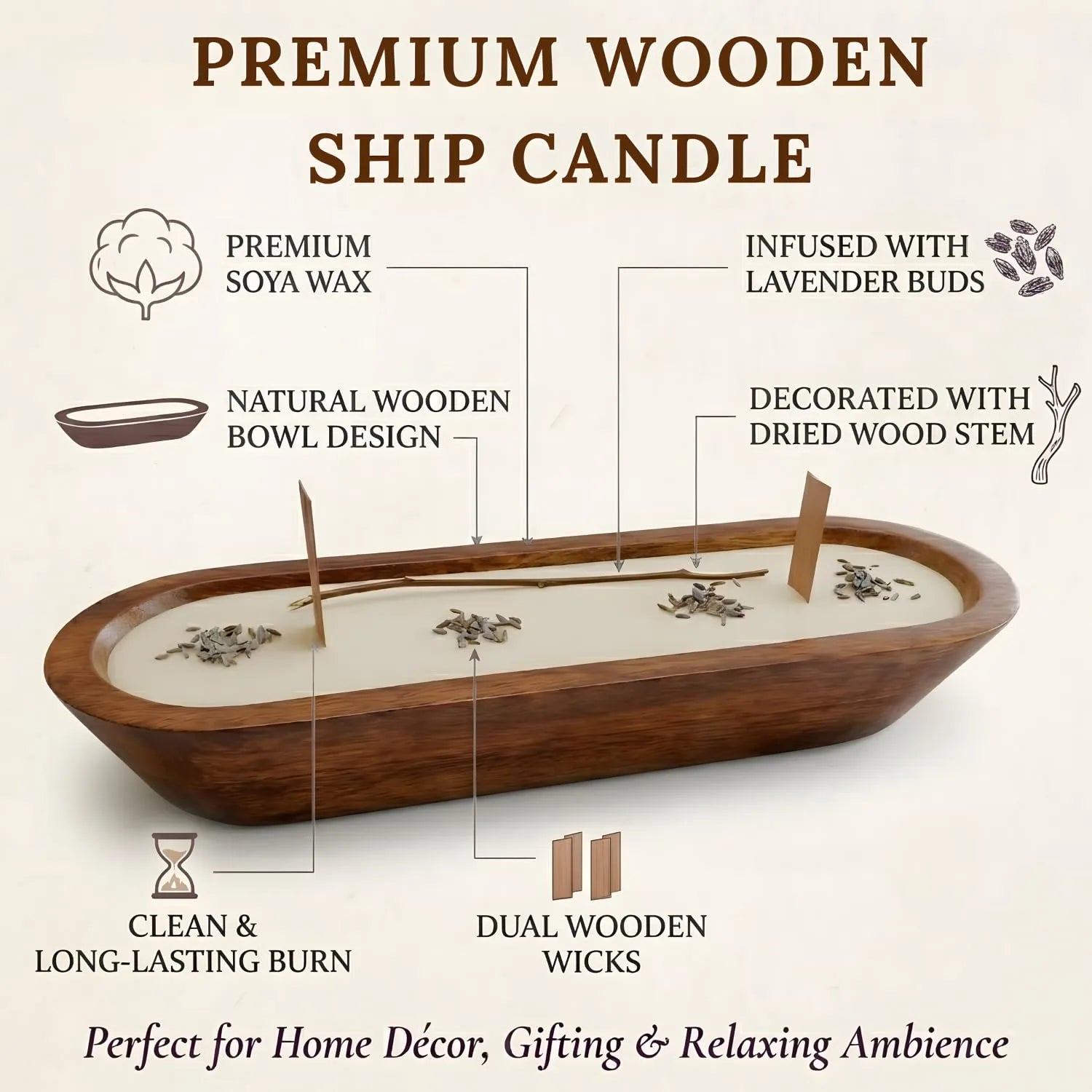 Wooden Boat Candle with Dried Citrus, Lavender Buds, Grass, | Premium Handmade (Lavender Vanilla Scented) for Candle Home Décor, Relaxation & Gifting