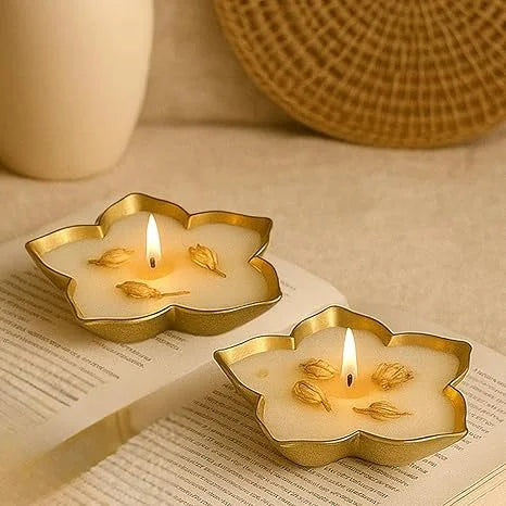 Ksma Lotus Urli Candle Set of 2 (Amber Wood Scented) Candle Decorative Flower Shaped Candles – Golden Edge Tealight Candles for Home Décor & Diwali Decoration