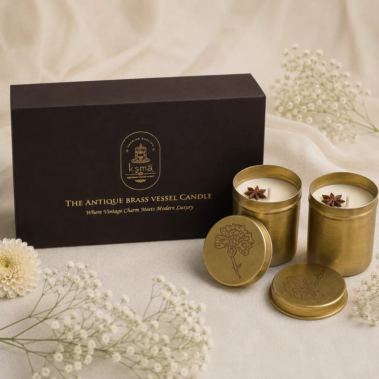 Luxury Antique Brass Candle Set of 2 (Savera Oudh Scented) Decorative Metal Candles, Premium Home Décor Accent for Living Room, Bedroom, Wedding, Housewarming & Festive Gifting Candles