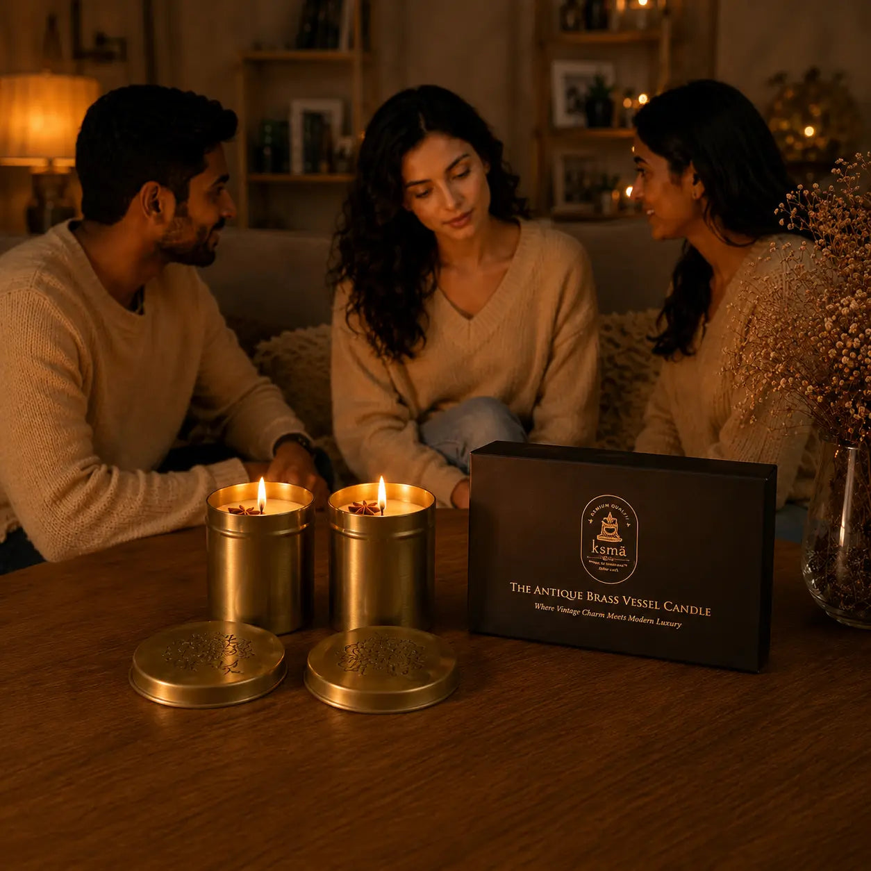 Luxury Antique Brass Candle Set of 2 (Savera Oudh Scented) Decorative Metal Candles, Premium Home Décor Accent for Living Room, Bedroom, Wedding, Housewarming & Festive Gifting Candles
