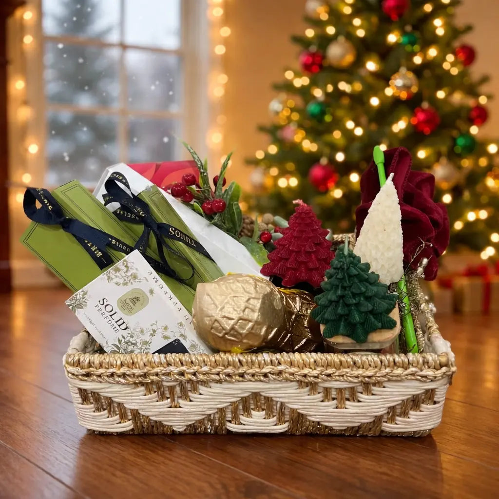 Christmas gift hampers with candles arranged for festive display