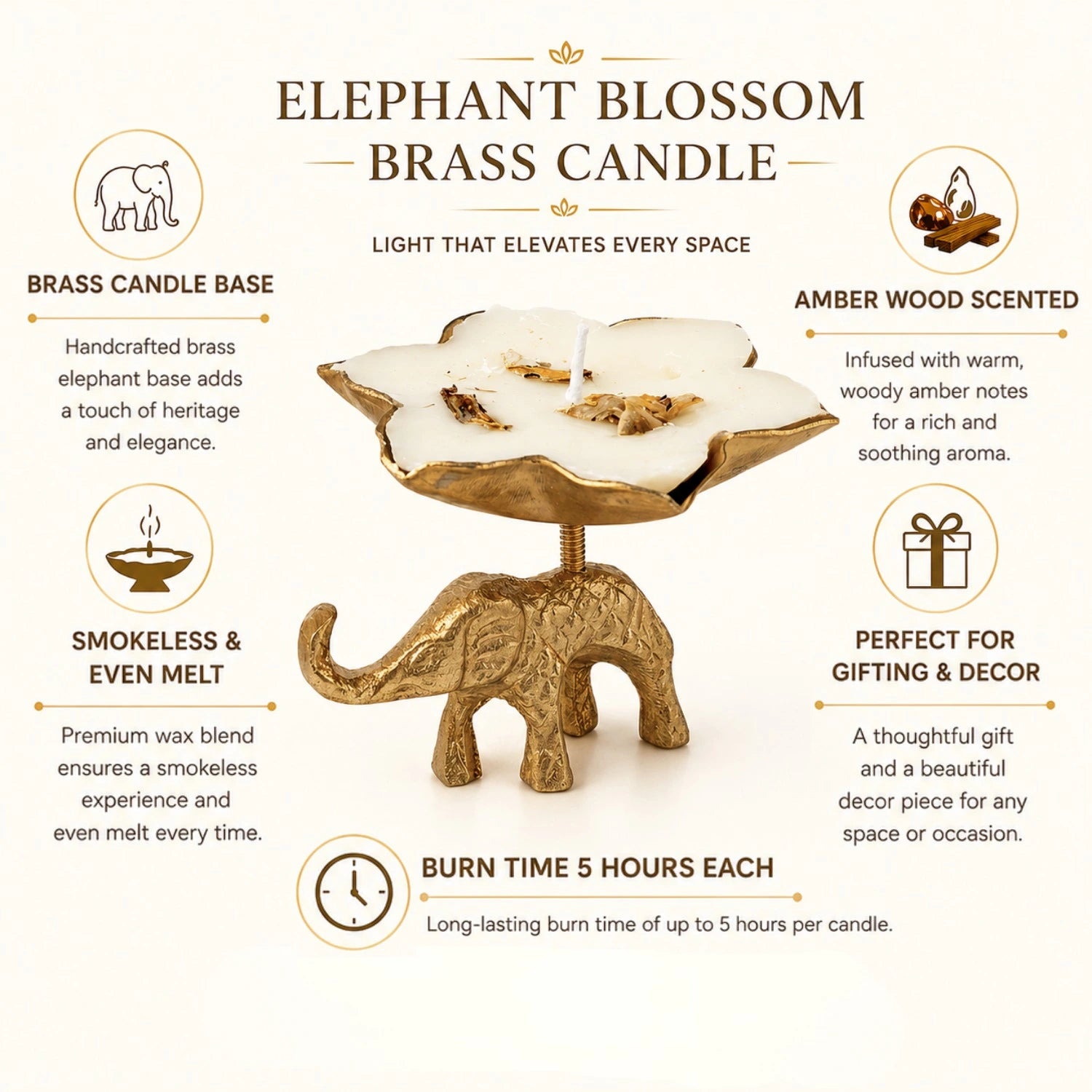 Elephant blossom brass candle set of 2