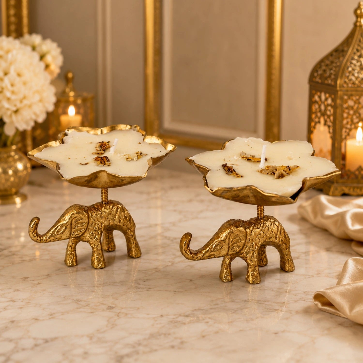 Elephant blossom brass candle set of 2