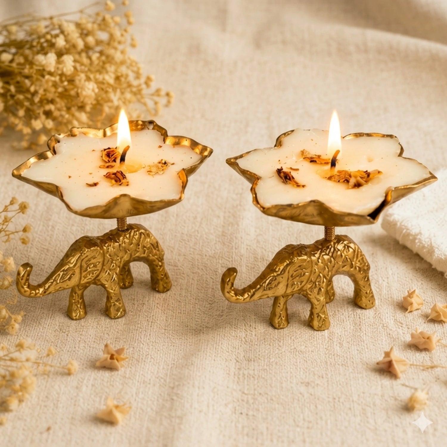 Elephant blossom brass candle set of 2