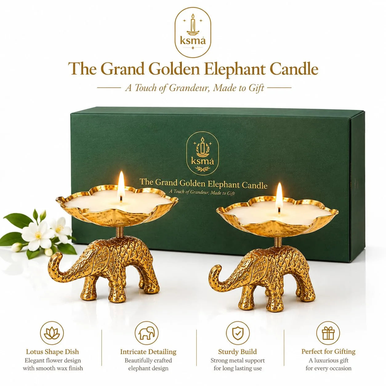 The Grand Golden Elephant Golden Oudh Scented Candle Pack of 2 | Premium Wax Candle in Lotus Shape Brass Dish | Decorative 2 Piece Candle Set for Home Decor, Diwali Decoration, Pooja Mandir