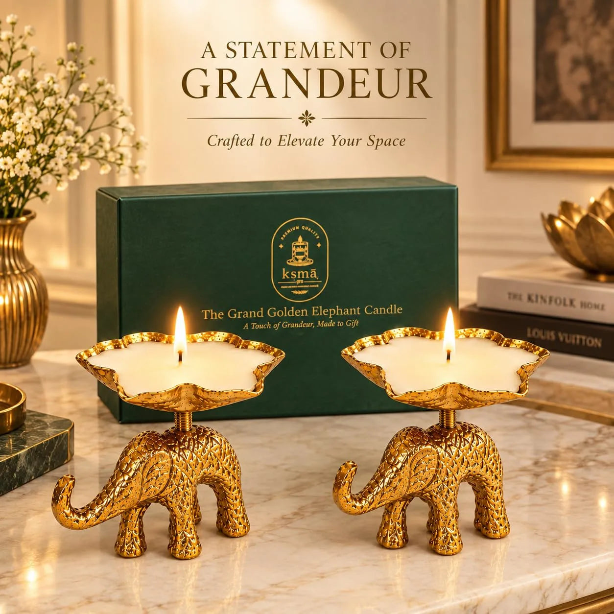 The Grand Golden Elephant Golden Oudh Scented Candle Pack of 2 | Premium Wax Candle in Lotus Shape Brass Dish | Decorative 2 Piece Candle Set for Home Decor, Diwali Decoration, Pooja Mandir