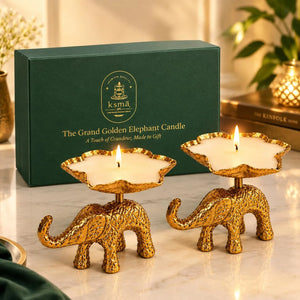 The Grand Golden Elephant Golden Oudh Scented Candle Pack of 2 | Premium Wax Candle in Lotus Shape Brass Dish | Decorative 2 Piece Candle Set for Home Decor, Diwali Decoration, Pooja Mandir