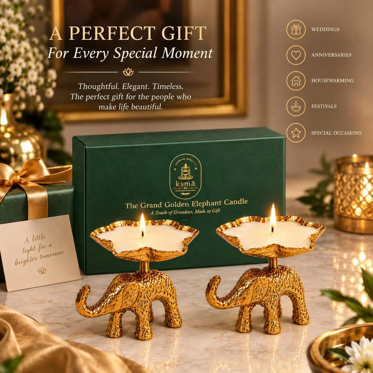 The Grand Golden Elephant Golden Oudh Scented Candle Pack of 2 | Premium Wax Candle in Lotus Shape Brass Dish | Decorative 2 Piece Candle Set for Home Decor, Diwali Decoration, Pooja Mandir