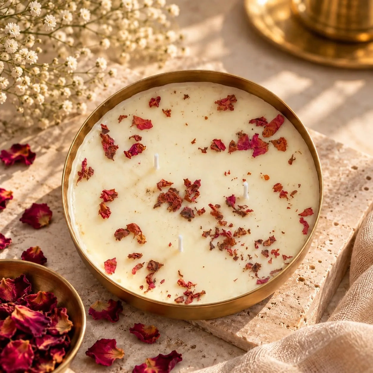 The Traditional Grandeur British Oudh Scented Bowl Candle | Premium Wax Candle in Hammered Gold Brass Bowl with Rose Petals | Decorative Multi Wick Candle for Home Decor, Diwali, Pooja Mandir