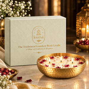 The Traditional Grandeur British Oudh Scented Bowl Candle | Premium Wax Candle in Hammered Gold Brass Bowl with Rose Petals | Decorative Multi Wick Candle for Home Decor, Diwali, Pooja Mandir