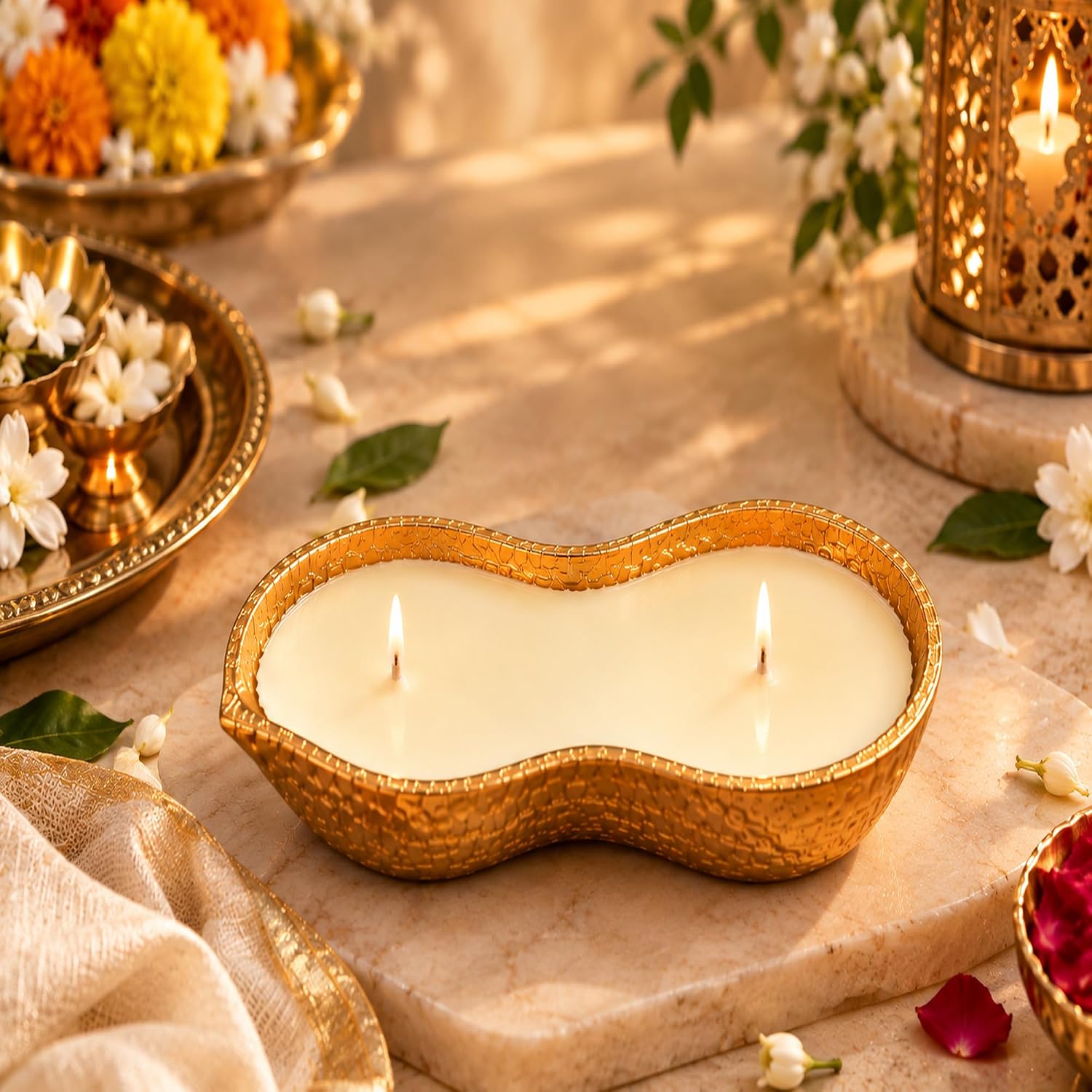 The Peanut Pod Amber Oud Scented Candle | Premium Candle in Unique Peanut Shape Brass Container with Lid | 2 Wick Decorative Candle for Home Decor, Diwali Decoration, Pooja Mandir