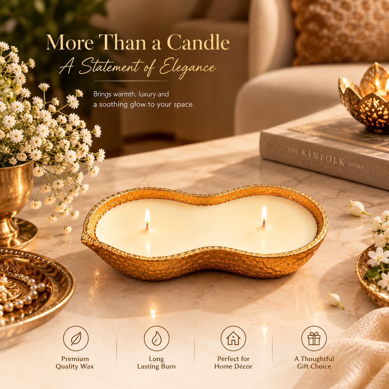 The Peanut Pod Amber Oud Scented Candle | Premium Candle in Unique Peanut Shape Brass Container with Lid | 2 Wick Decorative Candle for Home Decor, Diwali Decoration, Pooja Mandir