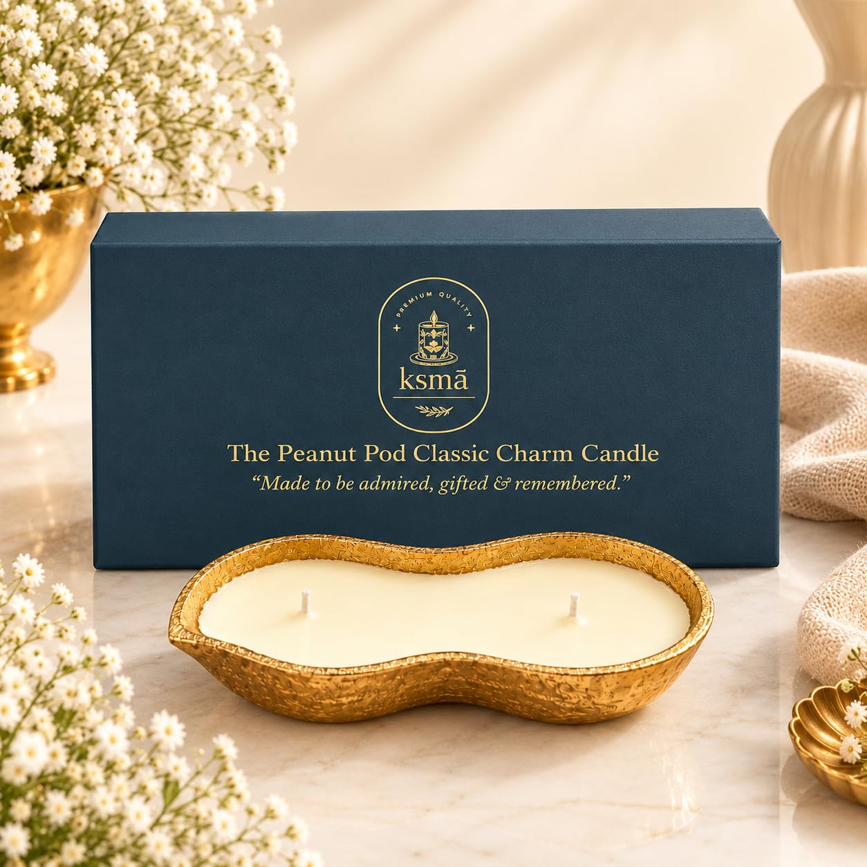 The Peanut Pod Amber Oud Scented Candle | Premium Candle in Unique Peanut Shape Brass Container with Lid | 2 Wick Decorative Candle for Home Decor, Diwali Decoration, Pooja Mandir