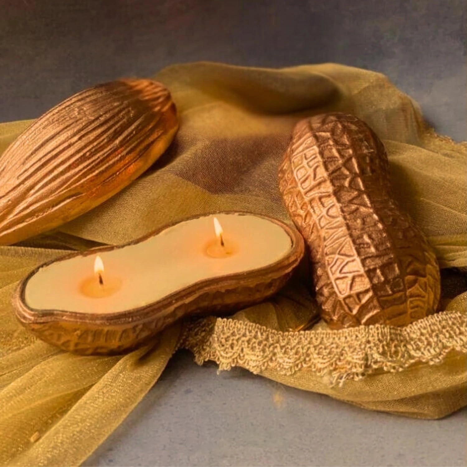 Premium Peanut Pod Candle | Amber Oud Fragrance | Luxury Decorative Metal Candle for Home Décor, Gifting & Festive Lighting
