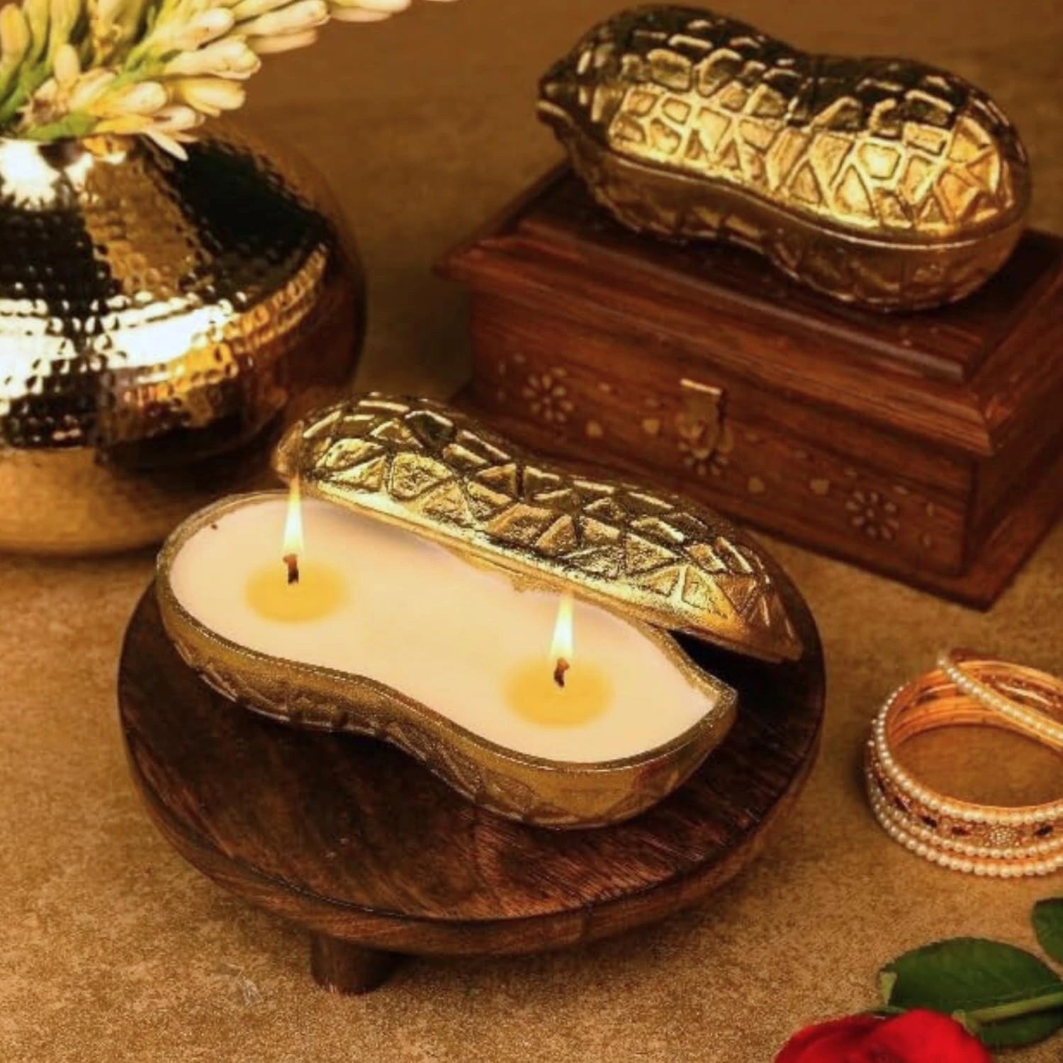 Premium Peanut Pod Candle | Amber Oud Fragrance | Luxury Decorative Metal Candle for Home Décor, Gifting & Festive Lighting