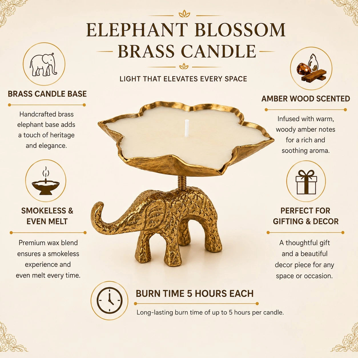 Elephant blossom brass candle set of 2