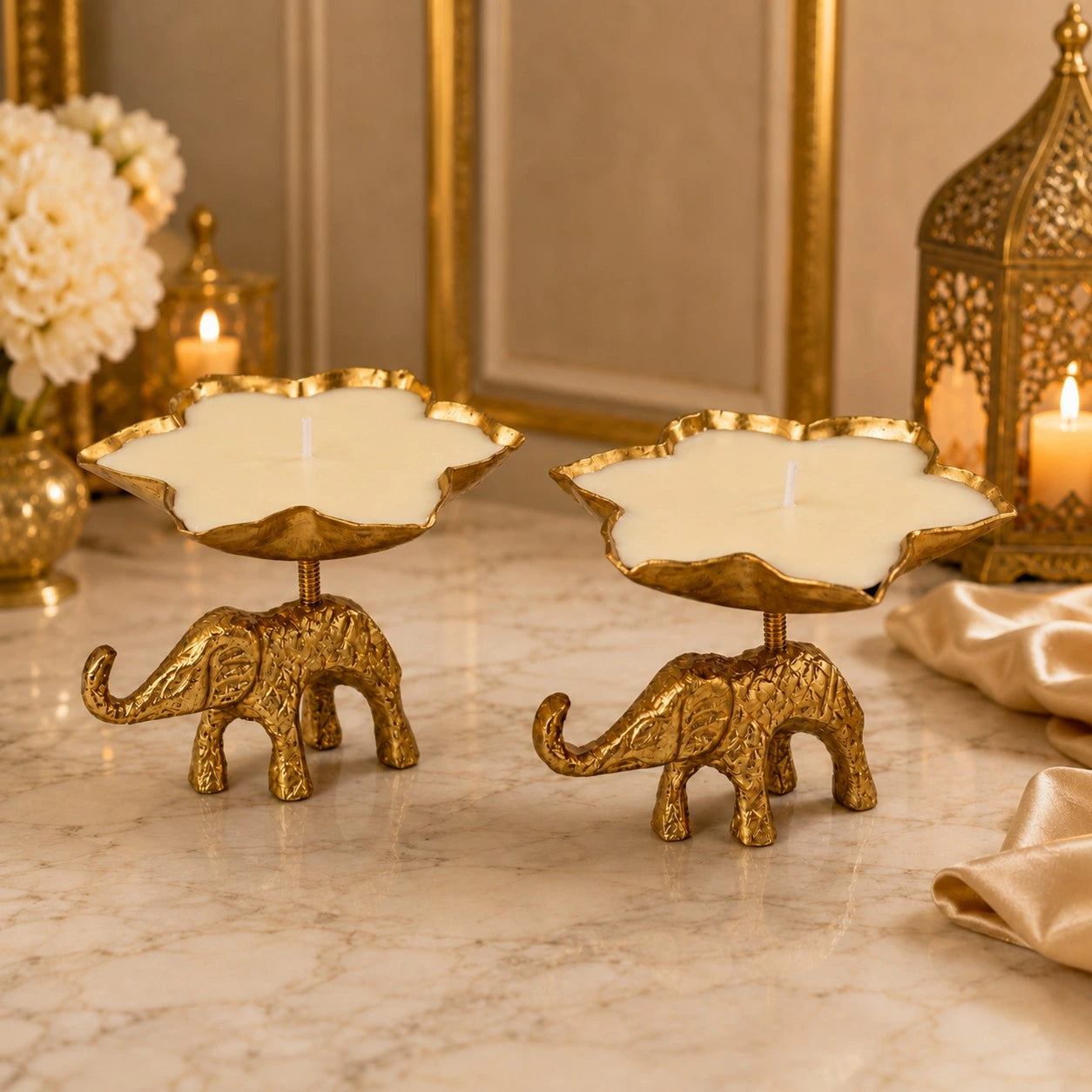 Elephant blossom brass candle set of 2