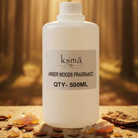 Amber woods fragrance oil product image with warm wood background