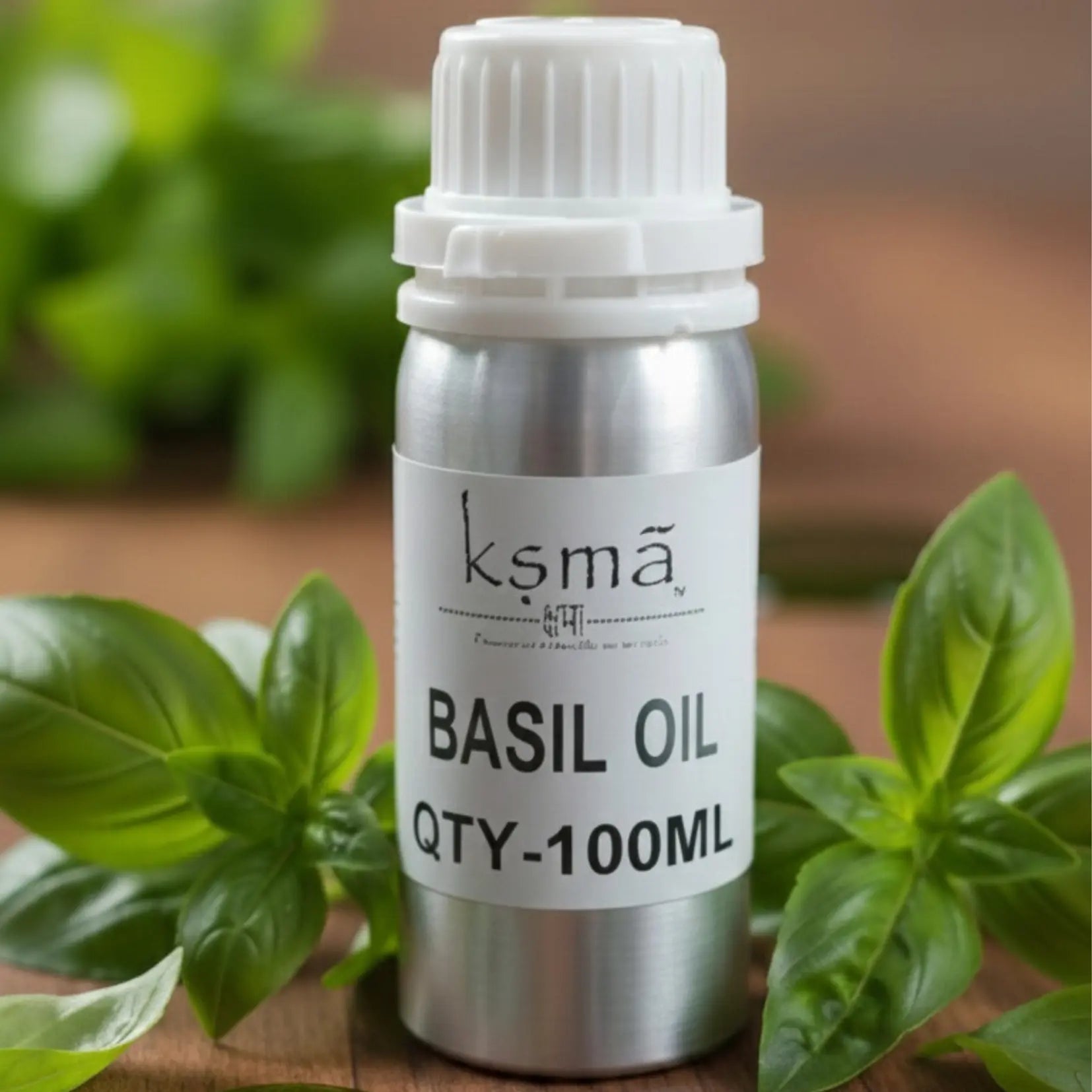 Basil oil bottle placed with fresh basil leaves on wooden surface with soft background