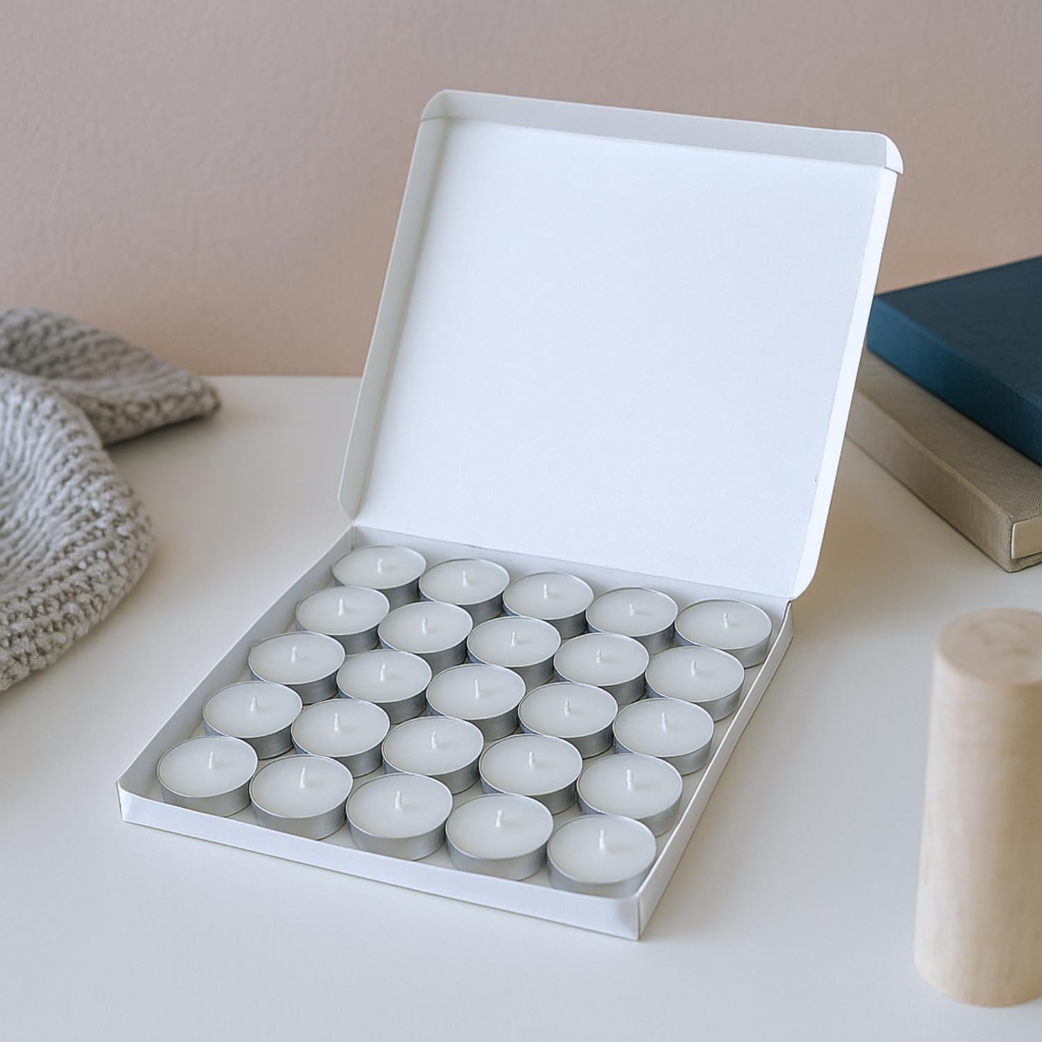 Basil fragrance tea light candles set open box packaging showing candle arrangement