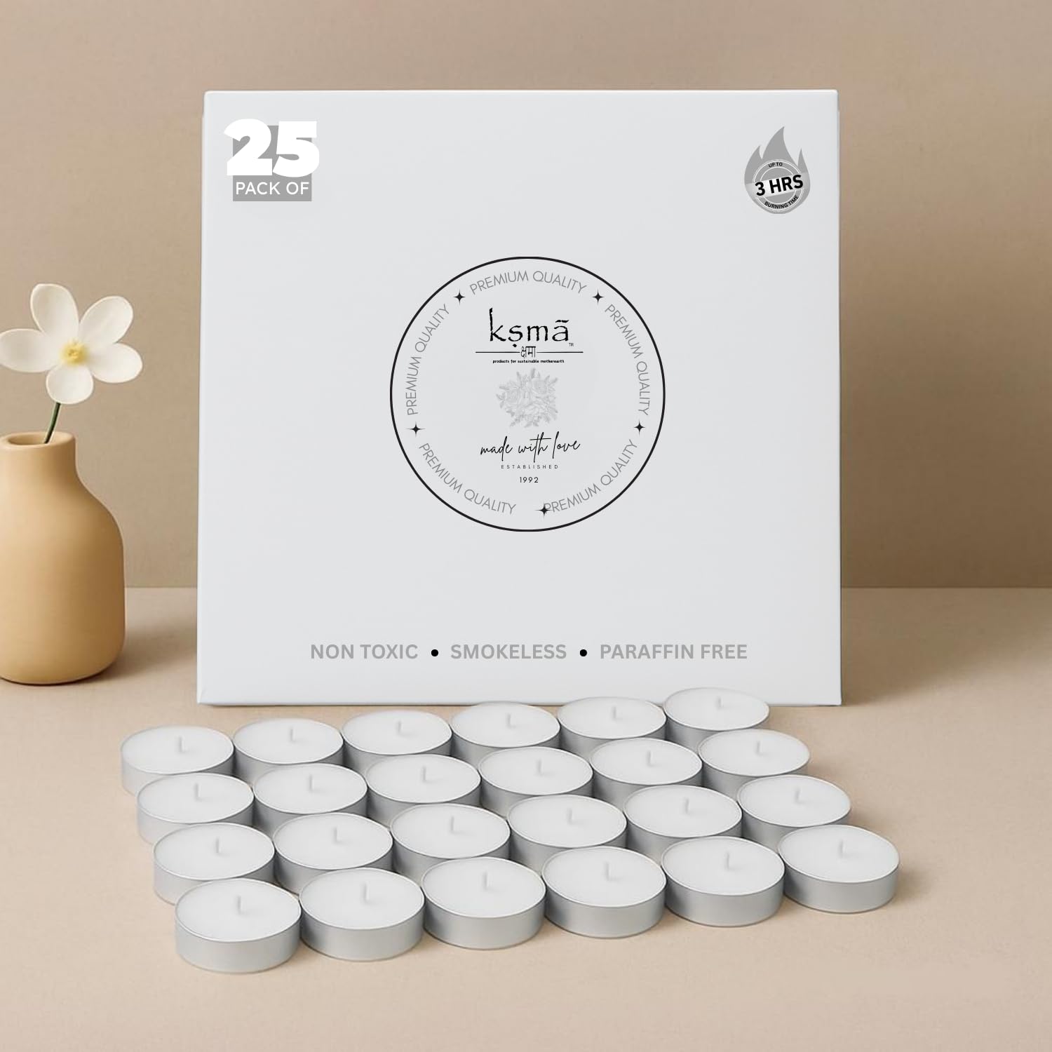 Basil fragrance tea light candles set of 25 with product box packaging display