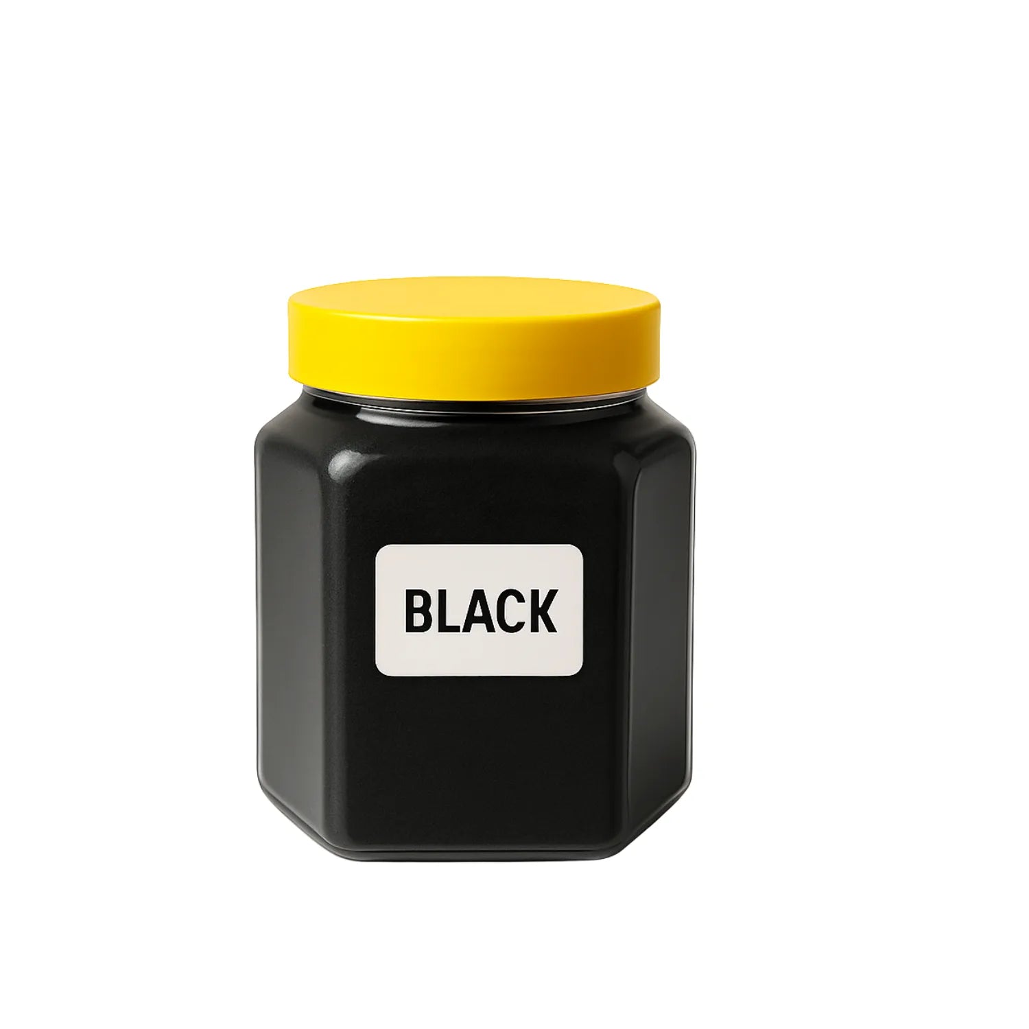 Black candle pigment jar with label displayed on clean background