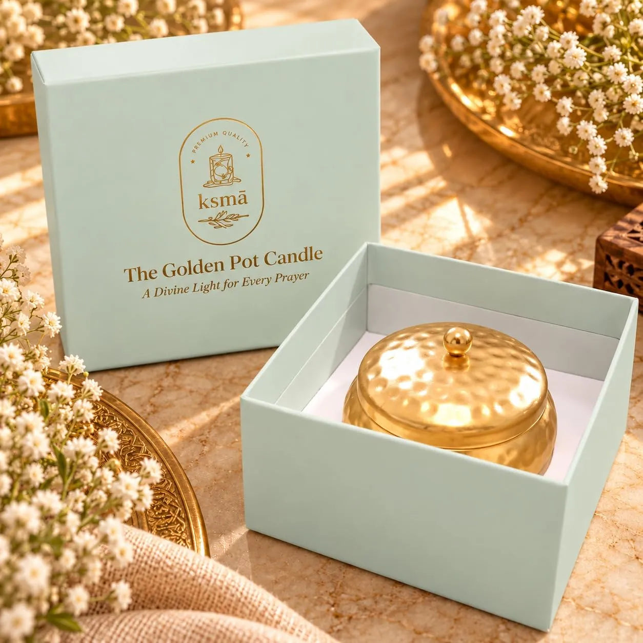 The Golden Pot Arabic Oudh Scented Candle | Premium Candle in Luxury Brass Metal Pot with Hammered Lid | Decorative Candle for Home Decor, Diwali Decoration Items, Pooja Mandir & Gifting