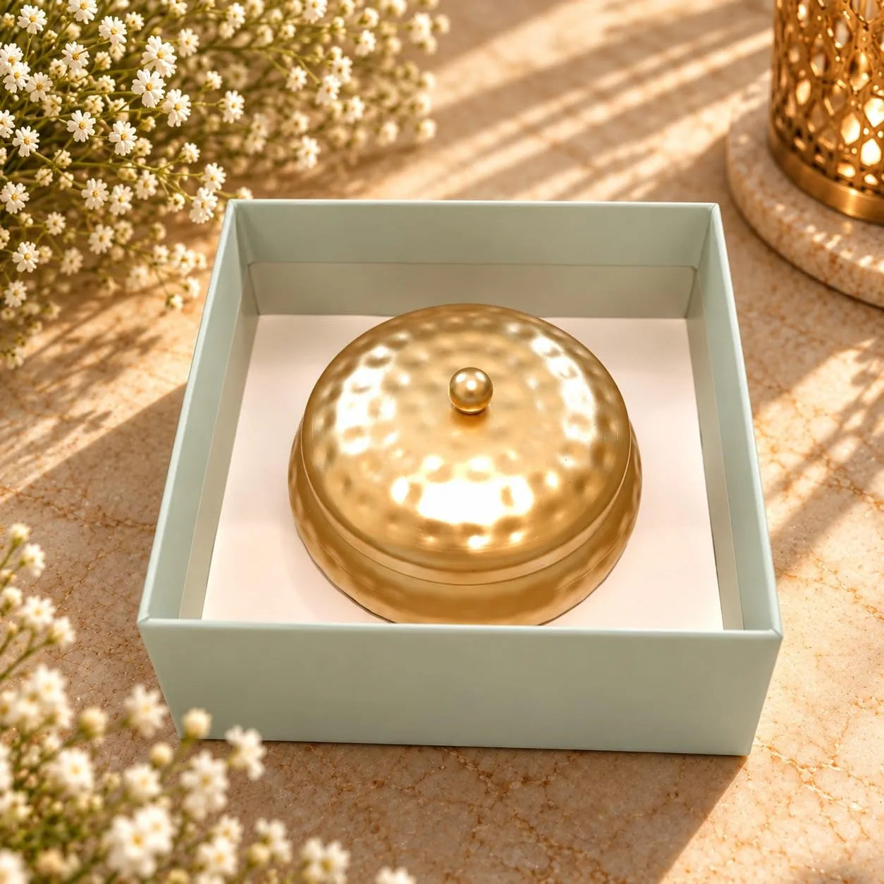 The Golden Pot Arabic Oudh Scented Candle | Premium Candle in Luxury Brass Metal Pot with Hammered Lid | Decorative Candle for Home Decor, Diwali Decoration Items, Pooja Mandir & Gifting