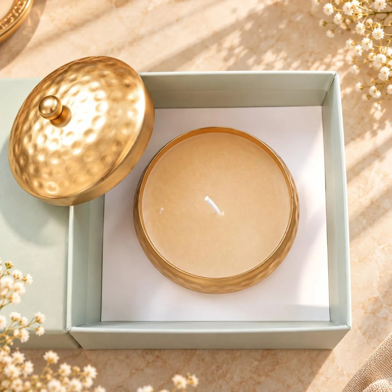The Golden Pot Arabic Oudh Scented Candle | Premium Candle in Luxury Brass Metal Pot with Hammered Lid | Decorative Candle for Home Decor, Diwali Decoration Items, Pooja Mandir & Gifting