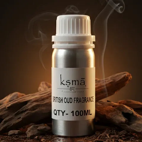 British oud fragrance oil bottle in warm amber lighting with woody elements