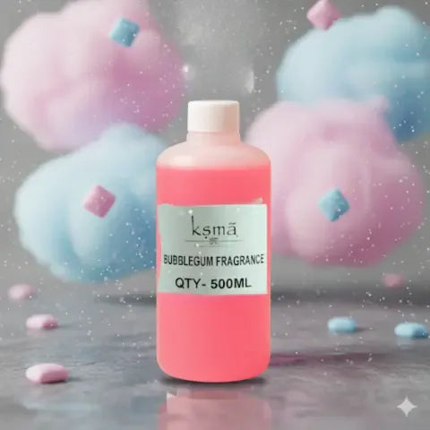 Bubblegum fragrance oil bottle with colorful bubblegum balls showing playful aroma theme