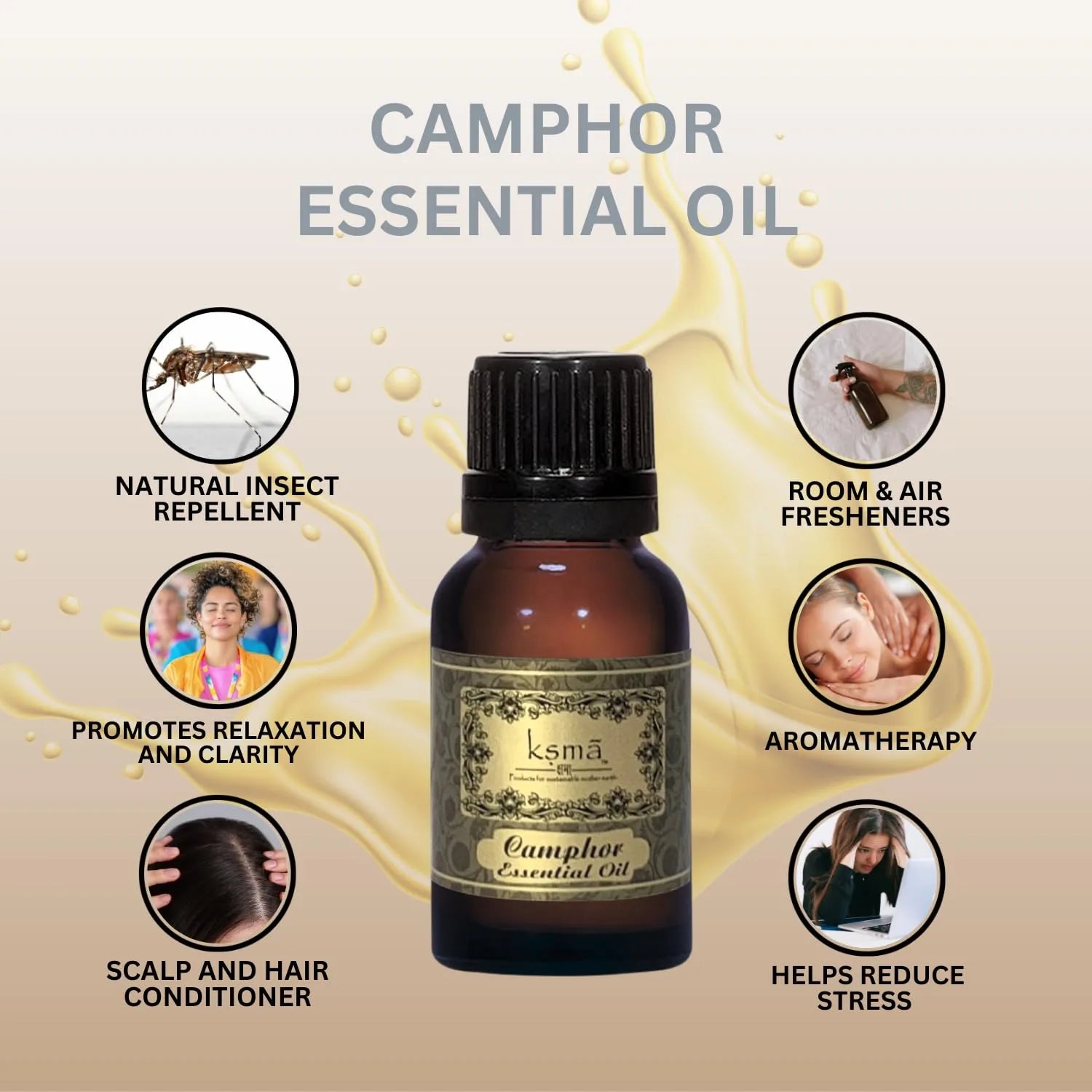 Camphor essential oil product image showing features and details