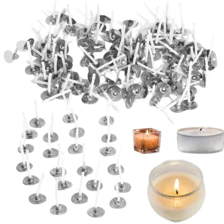 Bulk quantity of metal wick tabs with attached wicks for candle production