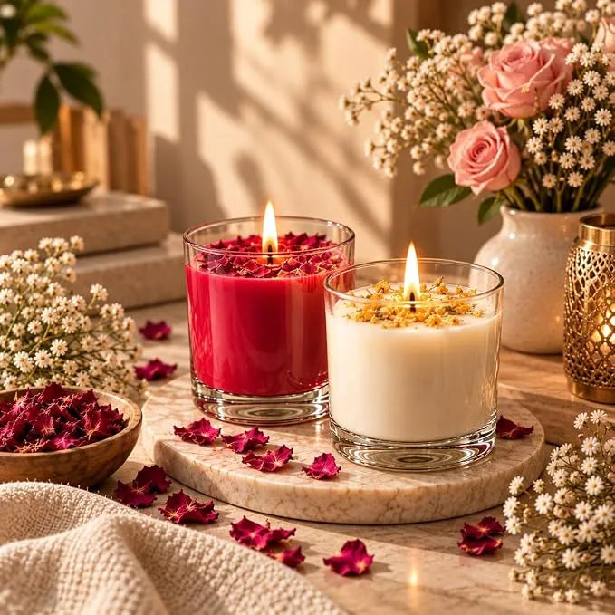 Candle Making Kit for Beginners | Soya Wax Candle Making Combo Pack with 2 Glass Jars, Scented Fragrance Oils (Sandalwood & Rose), Dried Flower Petals, Wicks & Colors | Ideal Craft Gift for Adults