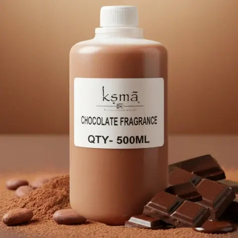 Chocolate fragrance oil product bottle on brown aesthetic background with cocoa pieces