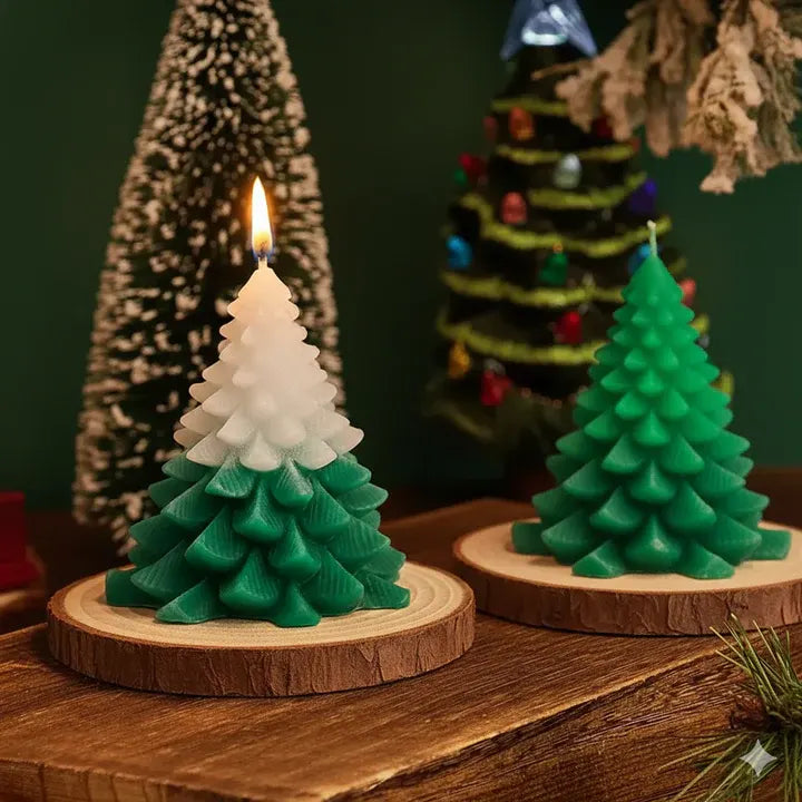 Close view of decorative tree candle with warm glow and holiday ambiance