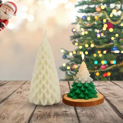 Close up of tree shaped candle showing layered design and wax texture