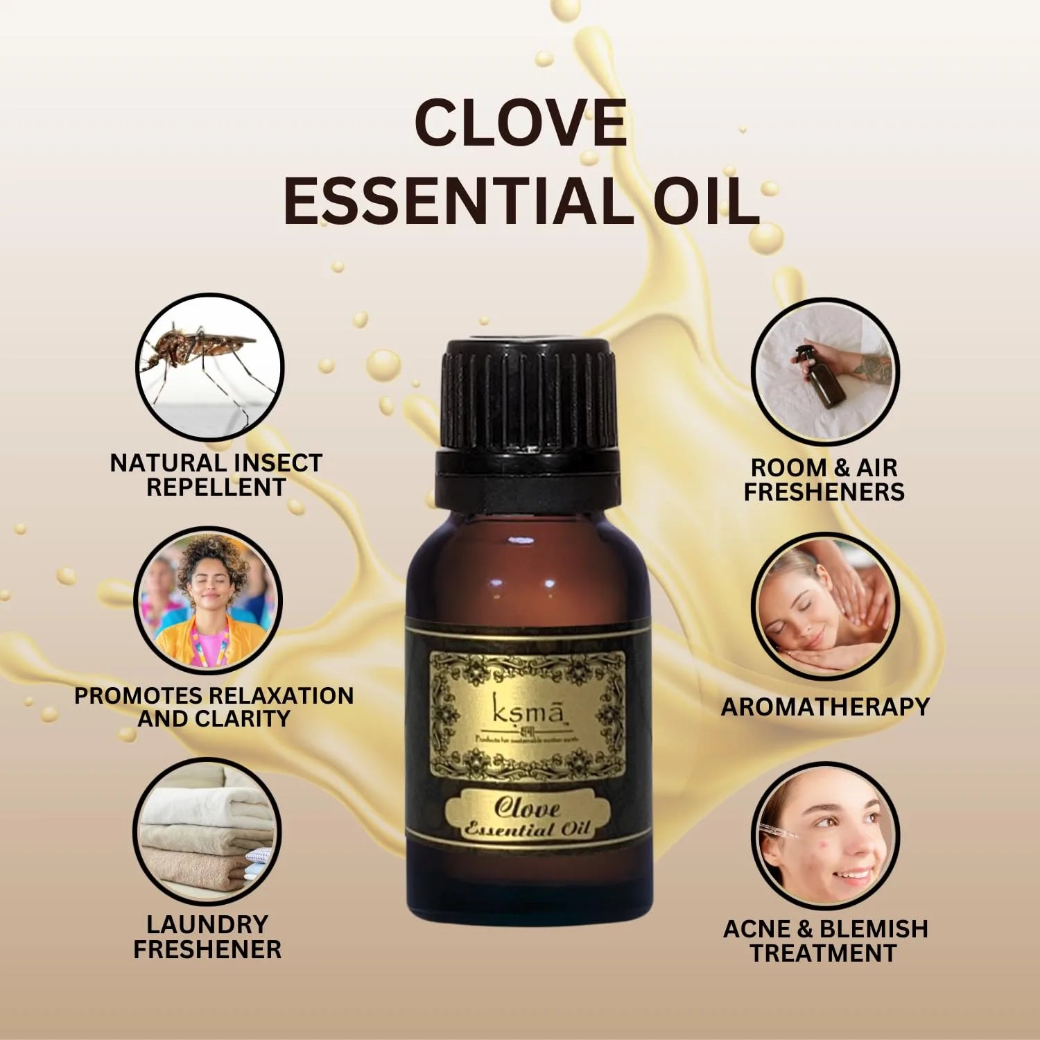 Clove essential oil product image showing features and details