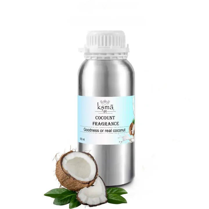 coconut fragrance oil with coconut pieces concept image