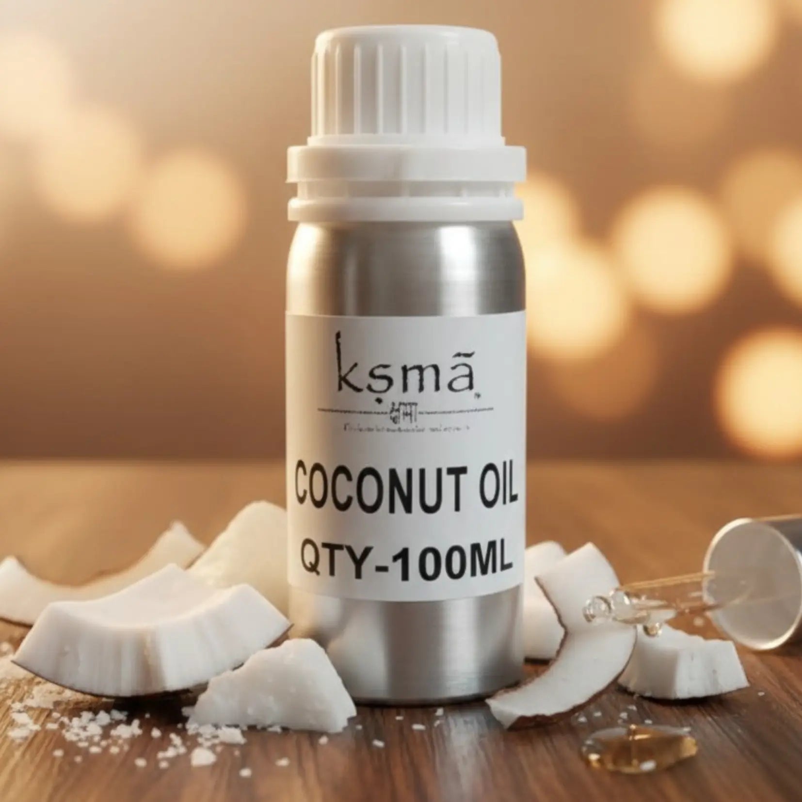 Coconut oil bottle placed with coconut pieces on wooden surface with warm background