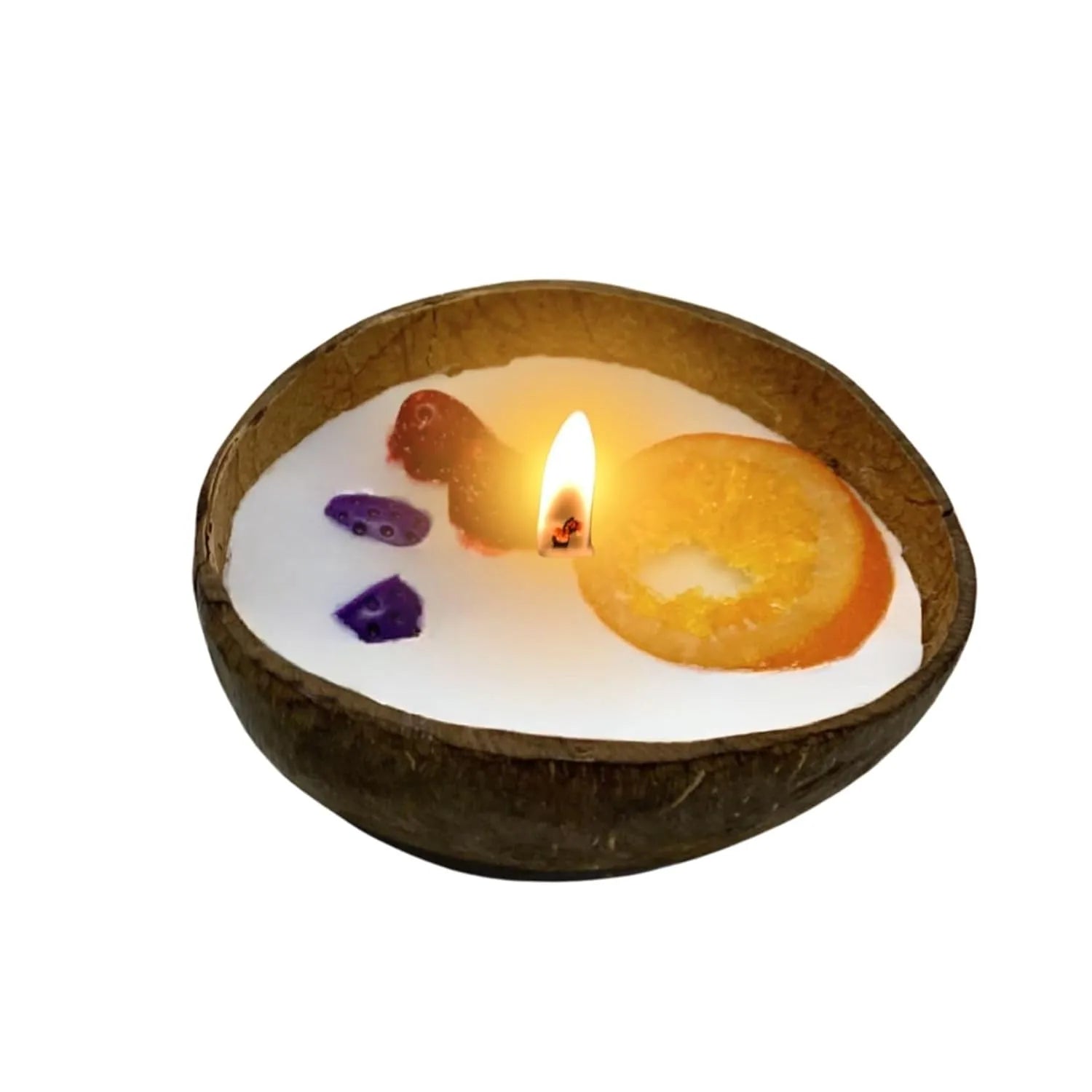 Coconut shell candle with orange and strawberry fragrance candle product display