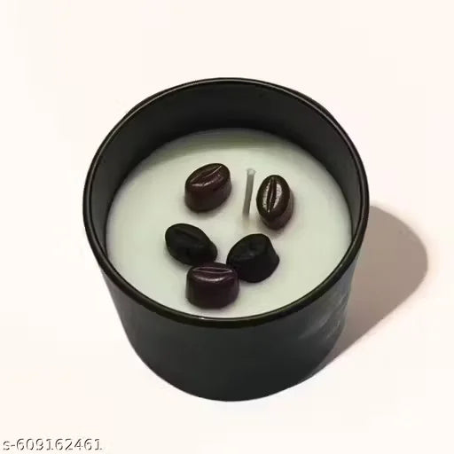 Top view of coffee bean candle showing wax and embedded coffee beans